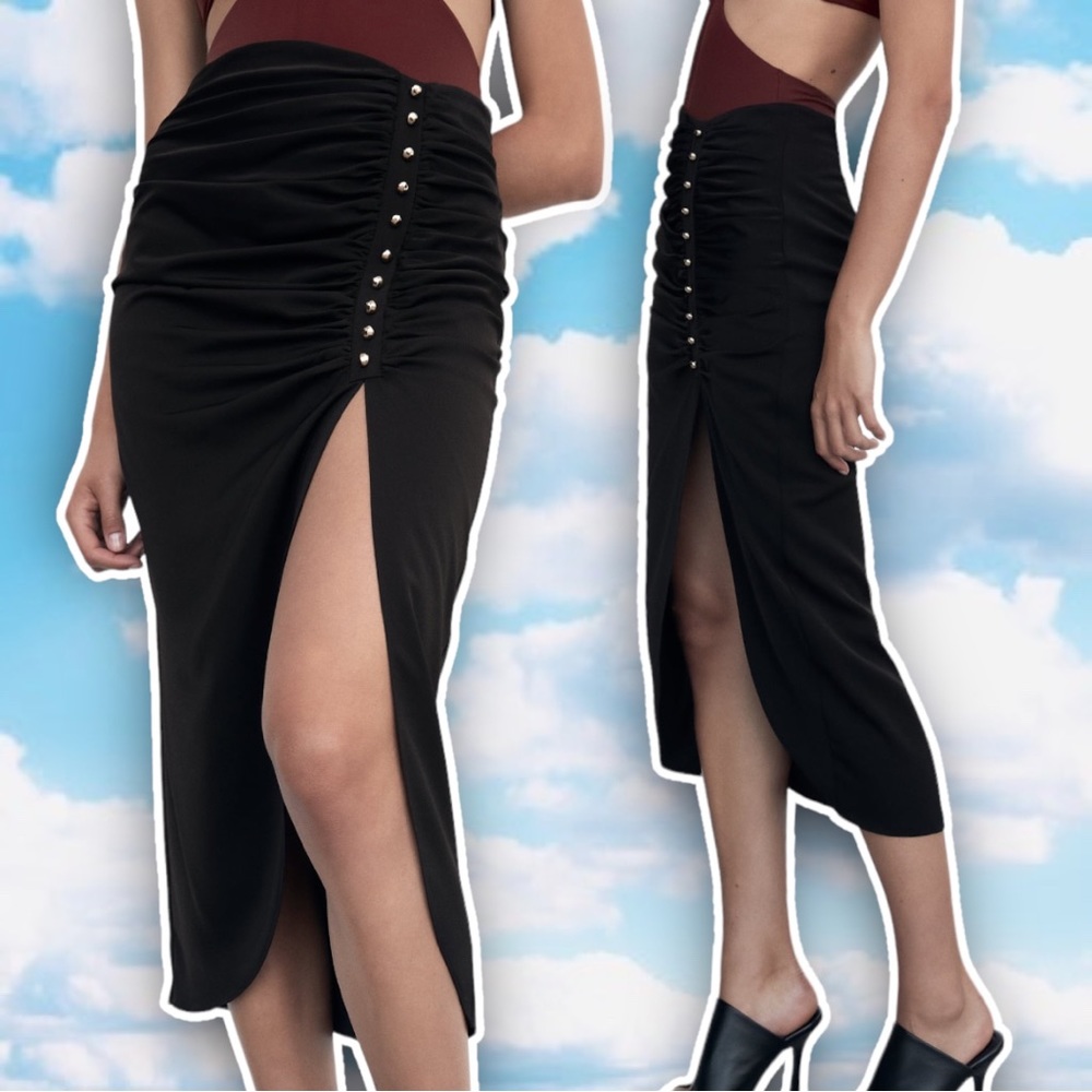 ZARA Satin Ruched Button Front High Slit Midi Skirt Grunge Goth Steampunk Rock